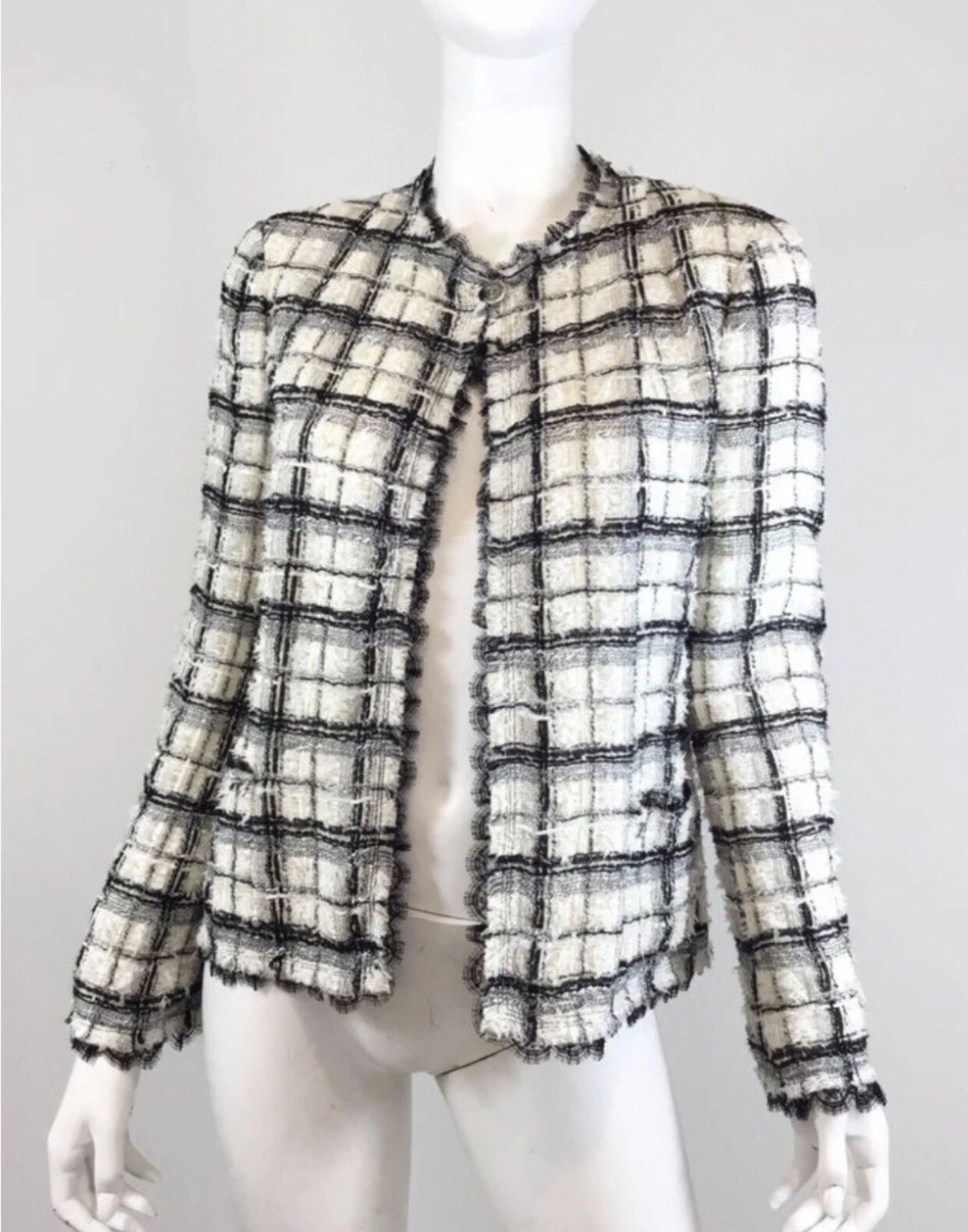 CHANEL BLACK WHITE SILVER CHECKED JACKET 38
