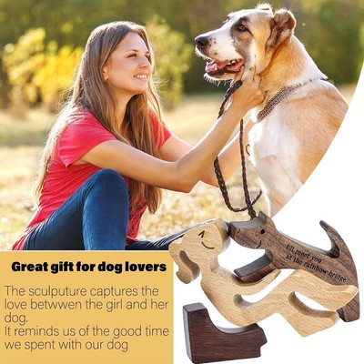 Hand Carved Wood Dog Human Statue Pet Memorial Ornaments For Dog Figurine O C8W5