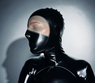 LARGE/ latex rubber gummi Hood/ Mask/ Blk & trans tBalaclava /nostril Holes