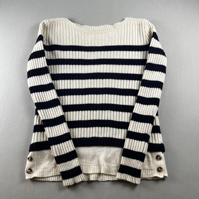 Madewell Sweater Womens Small Cream Black Striped Knit Merino Wool Button Hem