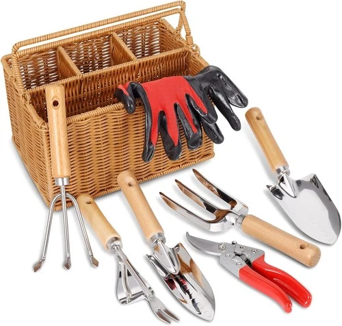 Wood Handle Stainless Steel Gardening Tools Set With Basket Shears Gloves