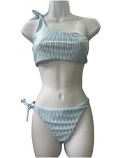 Womens One Shoulder Bikini Swimsuit Turquoise White Stripe Tie Size Large Preppy