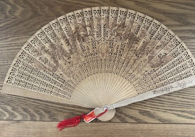 1950 s Asian Folding Fan Dragon Filigree Wood Panel Double Sided Vintage
