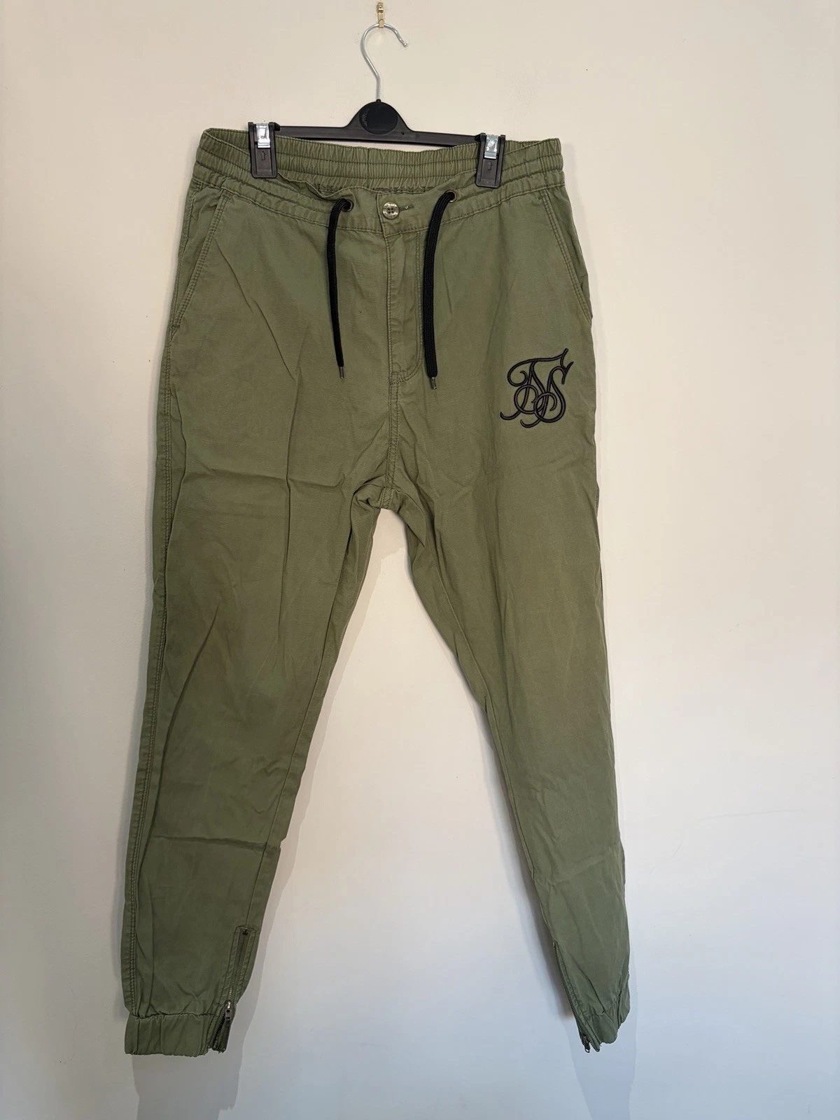 SikSilk Khaki Jogger Trousers Men’s W30 L29 Elastic Waist Zip Ankle Casual