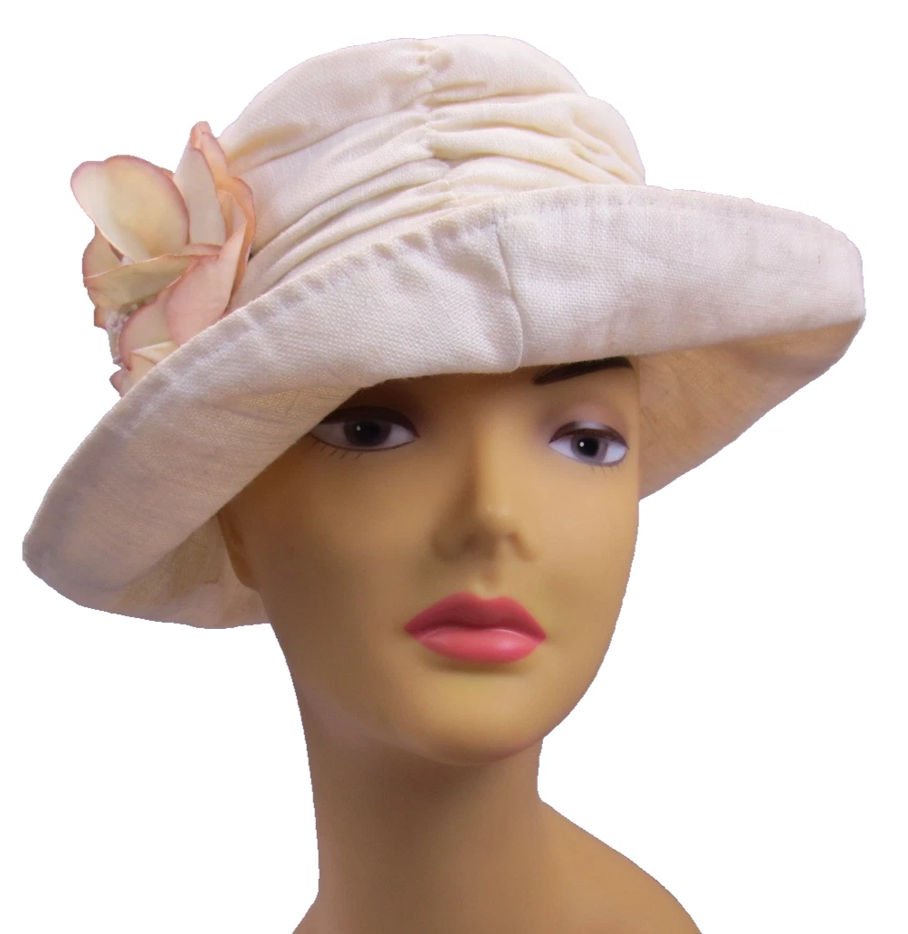 Vtg Cream Off-White Women\'s Summer Hat Linen Rouched Made in Hong Kong Flower M 1920s Cloche Hat in Cream Linen with Hydrangea Flowers | The  main image 2