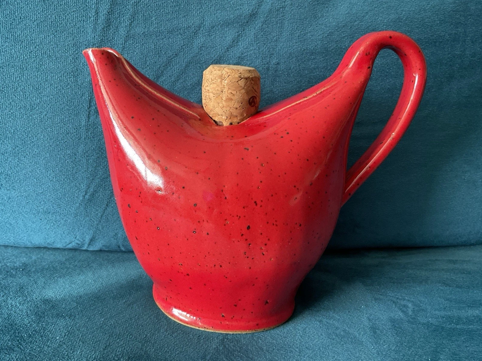 Handmade Olive Oil Carafe. Red Black Speckled Pottery With Cork.