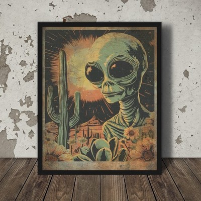 Vintage ALIEN DESERT SUN Wall Art, Cryptid Cactus Sunflower Western Sci-fi Decor