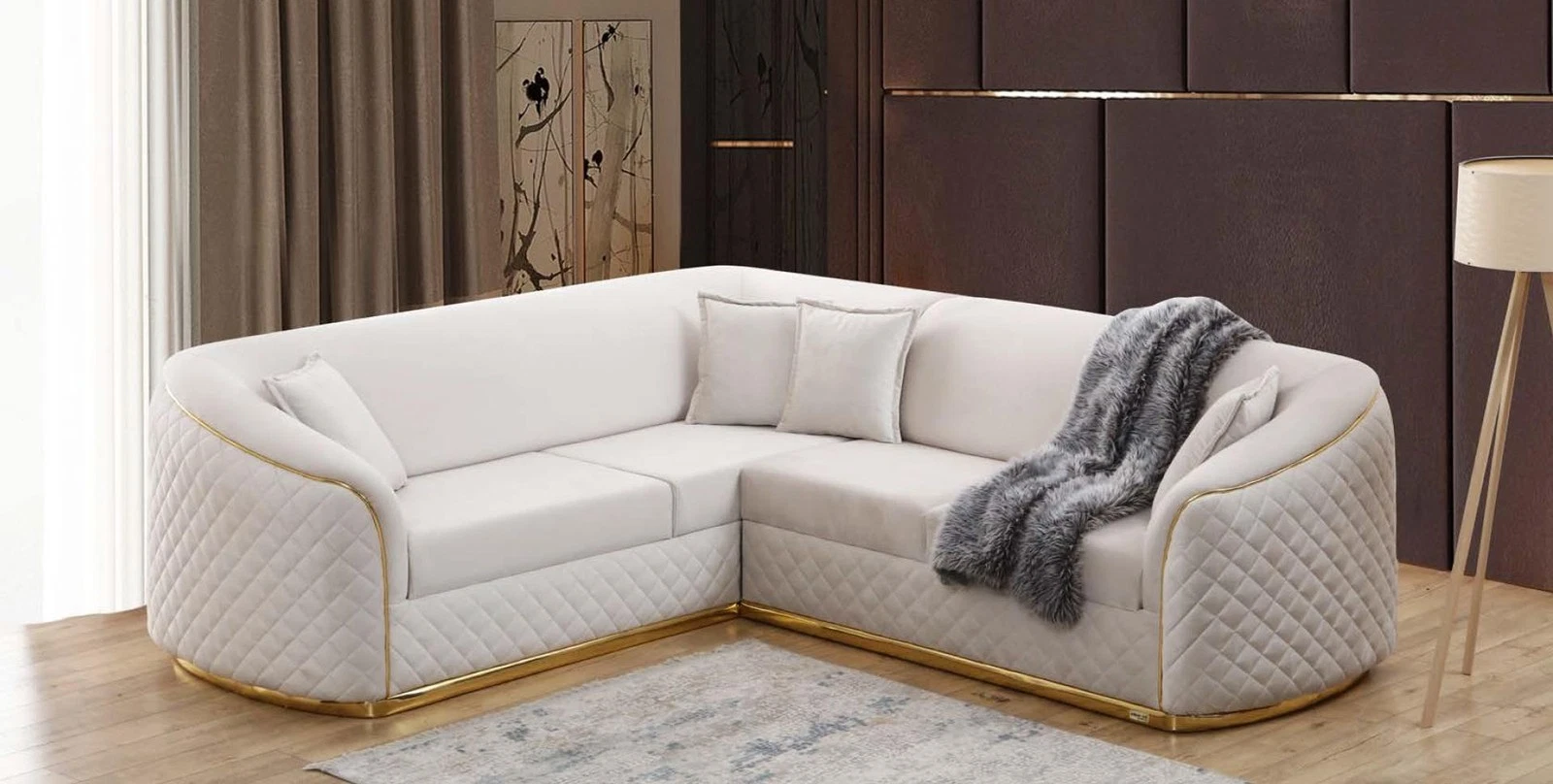 Designer corner couch living room corner set sofa couch textile corner sofa beige gold velvet