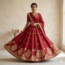 Sanskriti Vintage Red 100%Pure Silk Unstitched Lehenga Hand Embroidered Zardozi