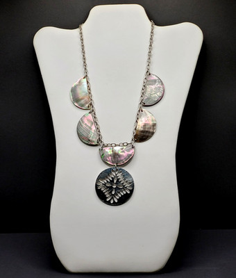 Shell Seashell MOP Abalone Half Circle Silver Tone Filigree Pendant Vtg Necklace