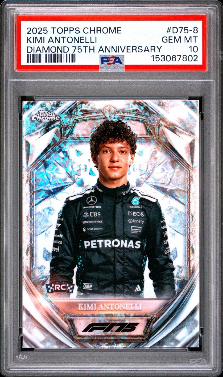 2025 Topps Chrome F1 Kimi Antonelli Diamond 75th Anniversary RC #D75-8 PSA 10