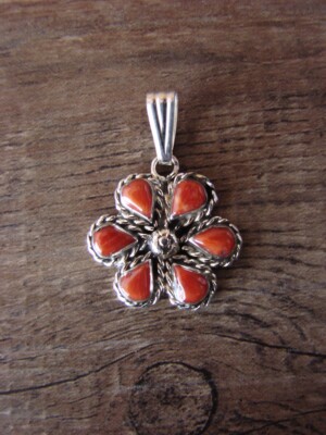 Zuni Indian Jewelry Coral Rosette 6 Stone Pendant - Dosedo
