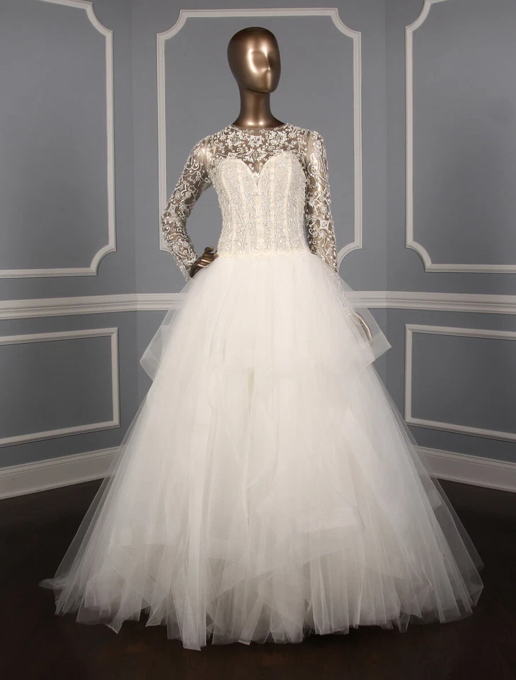 KENNETH POOL Carmen Beaded Sheer Long Sleeves Wedding Dress Ivory Tulle Ballgown - Image 2 of 4