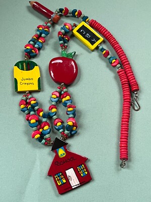 Long Red Blue & Yellow Wood Bead Painted School Related Links Pendant Necklace -