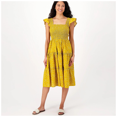 candace cameron gold dress Candace Cameron Bure Printed Smocked Midi Dress Gold Size Petite Medium  *NEW*