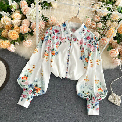 Women Floral Blouse Shirt Top Puff Sleeve Button Retro Casual White Fashion Chic