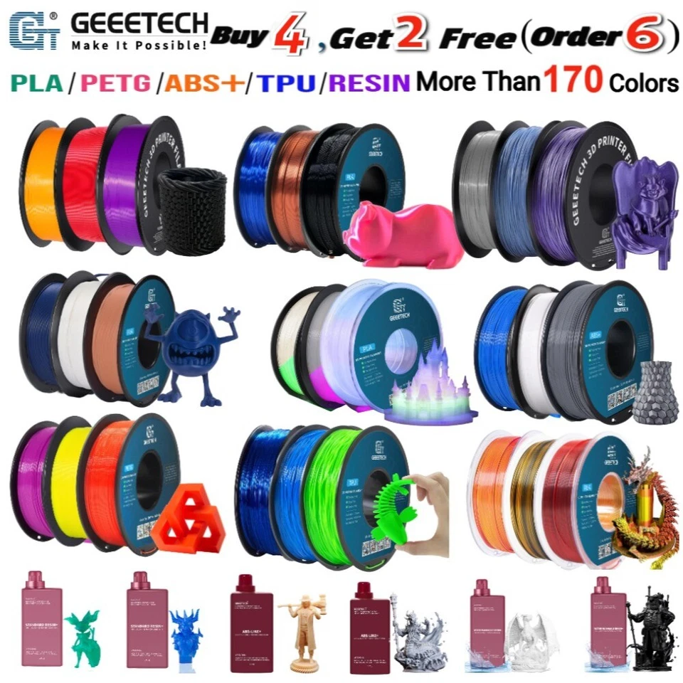 【Buy 4 Get 2 Free,ADD 6】1kg GEEETECH Filament 1.75mm PLA/ABS+/PETG/TPU/Résine FR