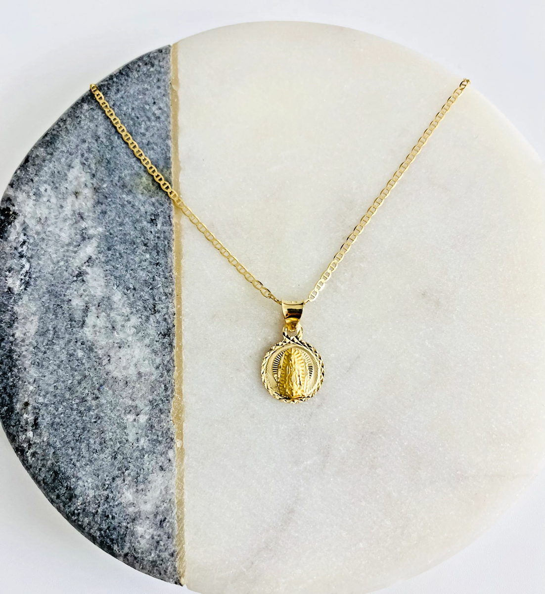 14K Solid Yellow Gold Virgin of Guadalupe Mary Pendant Necklace