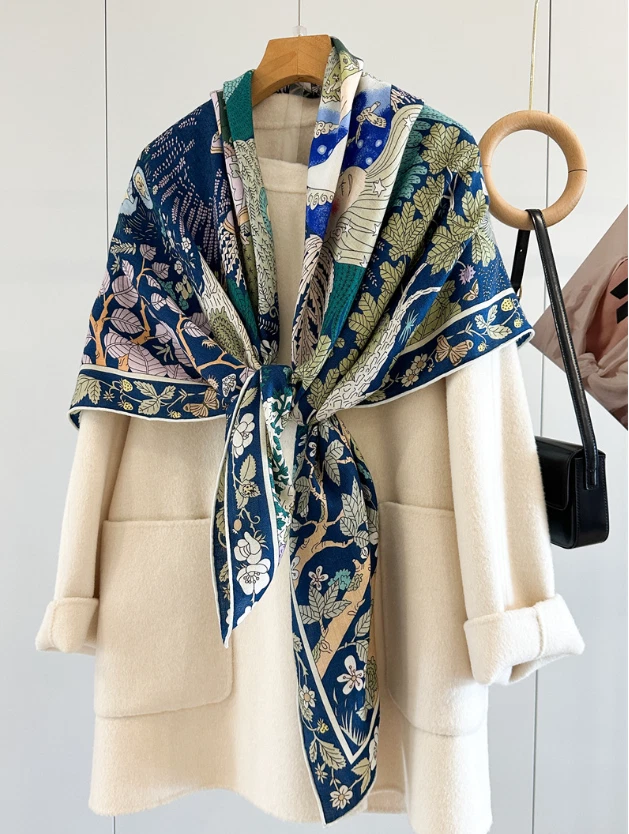 70% Cashmere 30% Silk Wrap Scarf Forest bird Print Double Face Print Shawl 53'' - Image 3 of 4