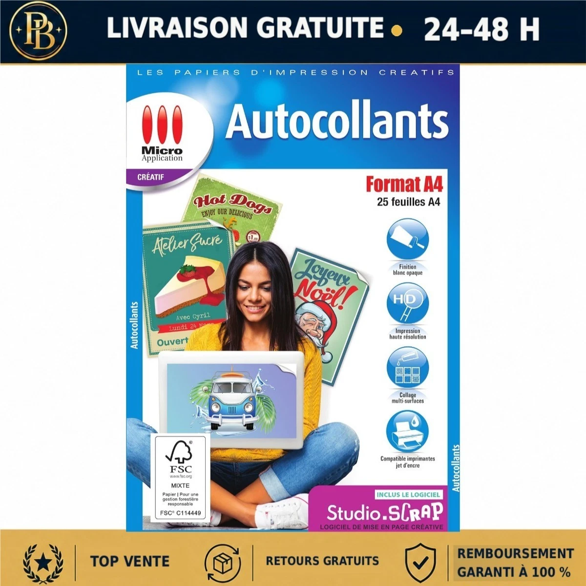 Papier autocollant A4 Micro Application 25 feuilles adhésif blanc mat imprimable