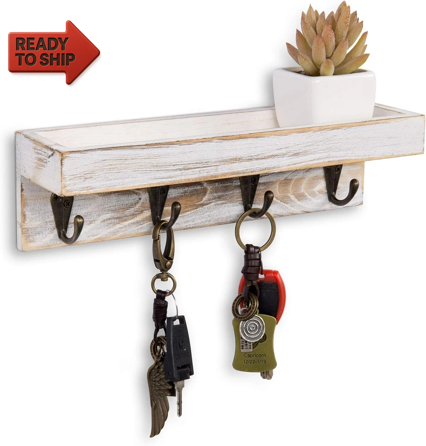 Mygift 10 Inch Floating Wall Shelf with Hooks, Whitewashed Wood Entryway Storage