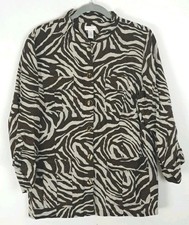 Chico's Linen Blend Jacket Sz 2 Large Brown Zebra Stripe Button Front Sparkle