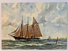 Gordon Grant Vintage 3 Masted Schooner at Sea Offset Lithograph Print 13" x 9"