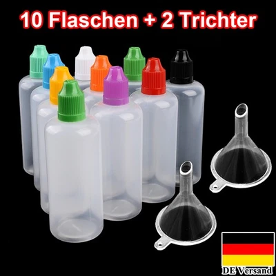 MARKENLOS 10x 50ml, 100ml Liquidflaschen, Dropper Bottle, Tropf Flasche leer + Trichter DE