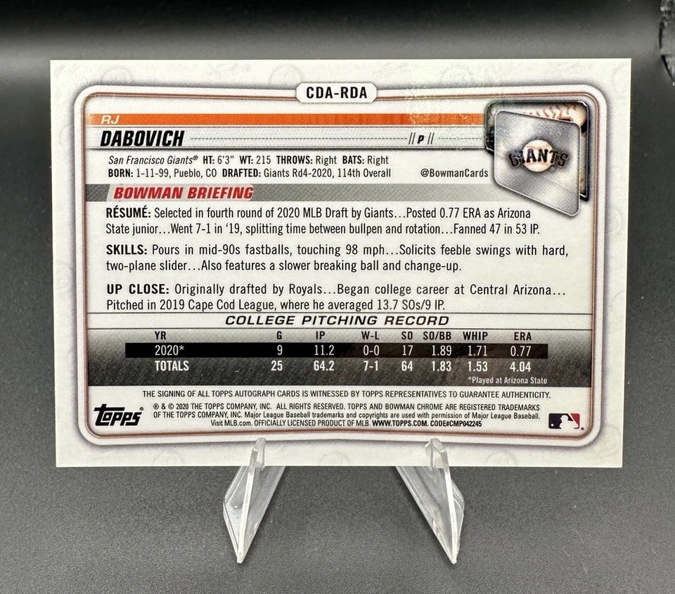 2020 Bowman Draft RJ Dabovich Chrome Purple Refractor 1st Prospect /250 - Image 2 of 2