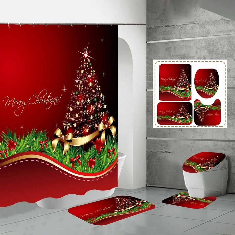4x Merry Christmas Bathroom Set Christmas Tree Pattern Shower Curtain Home Decor - Image 2 of 4