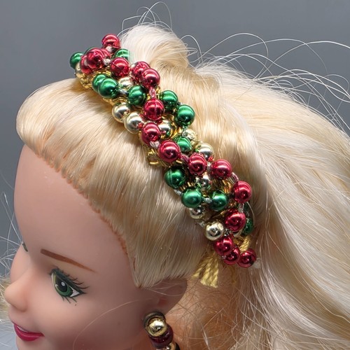 1994 HAPPY HOLIDAYS HEADBAND RED GREEN GOLD BEAD FASHION DOLL ACCESSORY - Picture 7 of 12