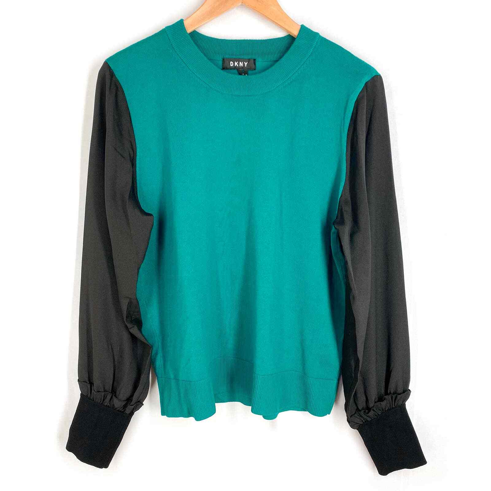 DKNY Colorblock Knit Sweater Womens Teal Black Crew Neck Long Sleeve Pullover XL
