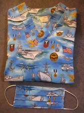 USA Navy Ships, Medals, Flags Handmade Blue Cotton Scrub Top, Size Large 38-40