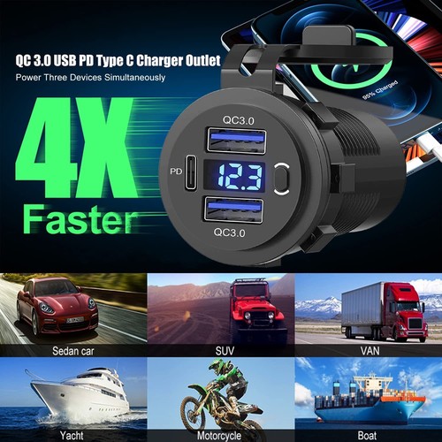 USB Car Charger Dual QC3.0 PD Port With Voltmeter Outlet Socket for 12V Boat RV - Picture 12 of 22