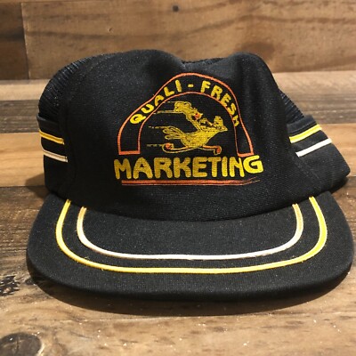 Quali Fresh Marketing Hat Snapback Cap Mens Black Two Stripes USA Made 80s READ