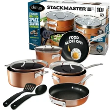 10 Pieces Steel Pots and Pans Set Stackable Nonstick Copper Cast Cookware Set