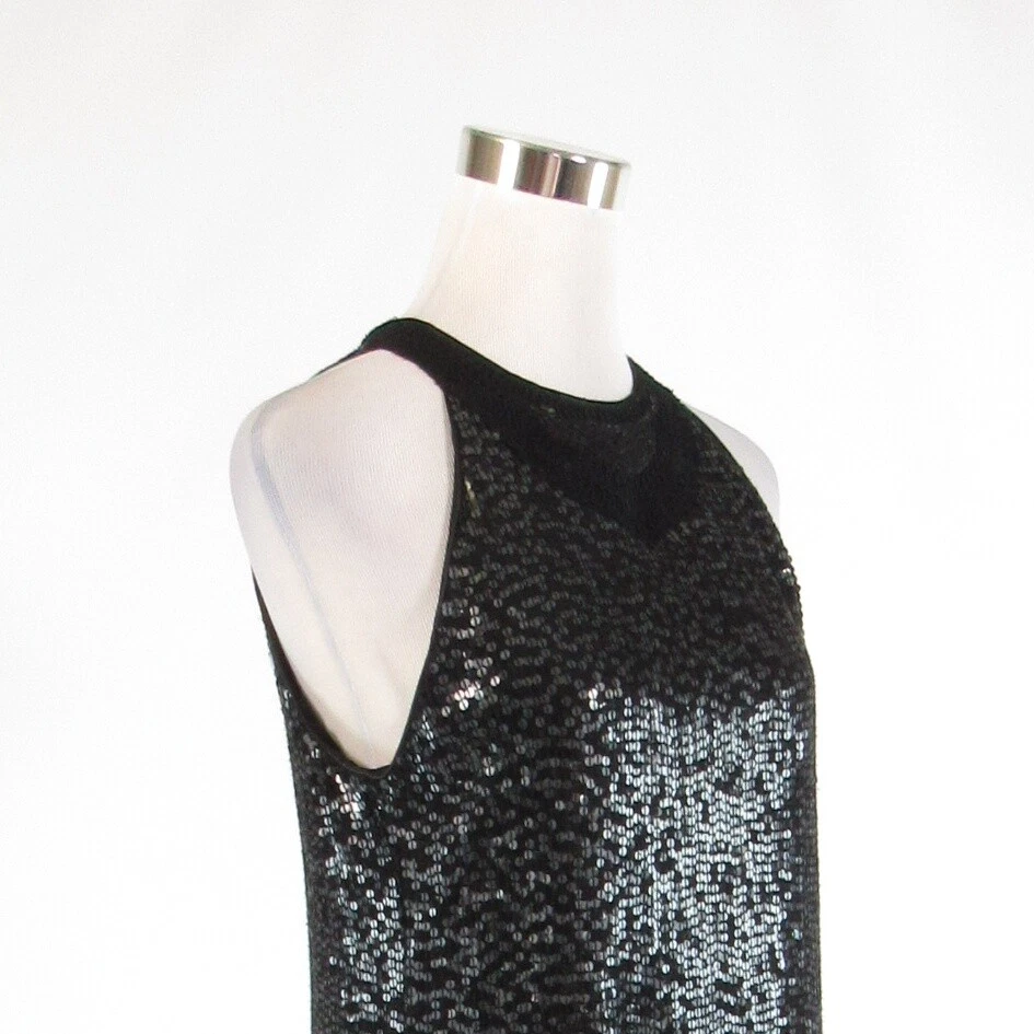 VESTIDO INDIVIDUAL NEGRO transparente superpuesto lentejuelas sin mangas vestido recto M Foto 4 de 4