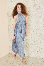 $775 ULLA JOHNSON Augustine Floral Silk Blend Chiffon Boho Halter Maxi Dress Sky