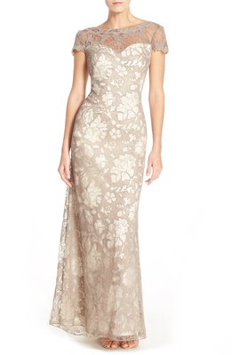 Tadashi Shoji Jacky Illusion Embroidered Lace Pumice Latte Dress