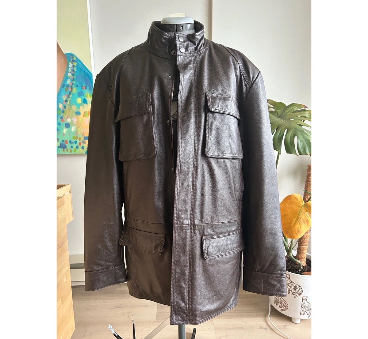 Size medium Black Brown 1826 Brown Leather Jacket with lots of pockets |  eBay