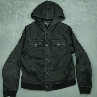True Religion Dylan Trucker Hooded Jacket Mens Medium Black Denim