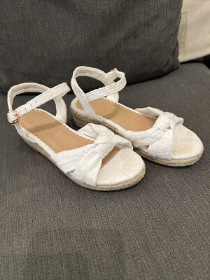 NEXT GIRLS SIZE 12 WHITE WEDGES SANDALS CROCHET ROPE ANKLE STRAP UK