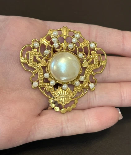 Signed Miriam Haskell Gold TONE Faux Pearl Filigree Brooch Pin Vintage EXC!