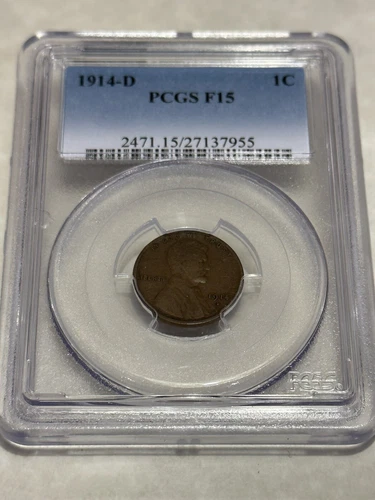 1914-D PCGS F15 1C Lincoln Cent Wheat Ears Penny nice coin for the grade #7955