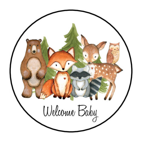 30 1.5"  WOODLAND ANIMAL WELCOME BABY BABY SHOWER FAVOR LABELS ROUND STICKERS - Picture 1 of 1