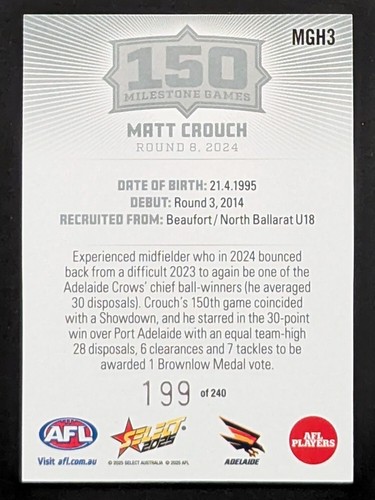 ⭐#199/240 - MATT CROUCH - 150 Milestone Games - 2025 Select AFL Footy Stars - Picture 2 of 2