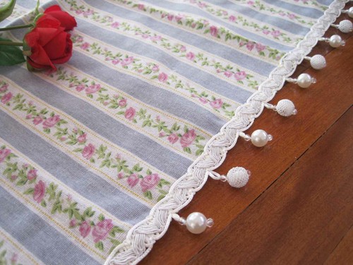 Country Shabby Pink Rose Blue Stripe Pearl Border Cotton Linen Café Curtain - Picture 10 of 12