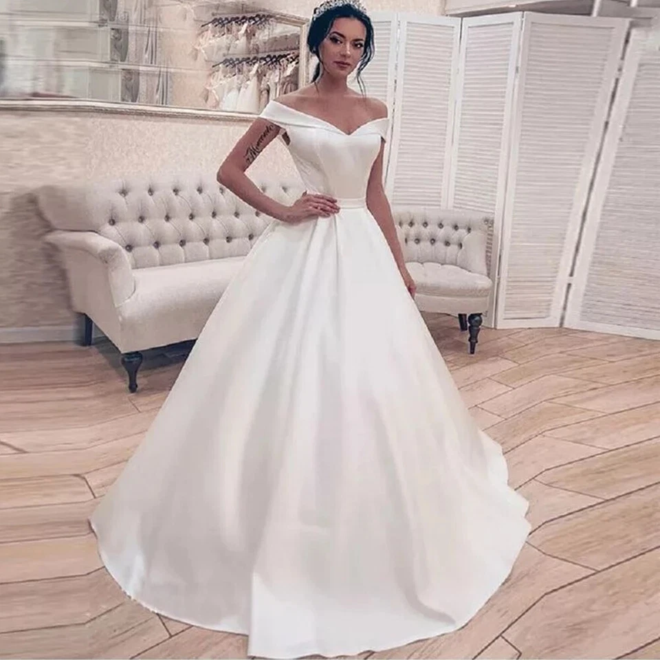 Vestidos de novia con hombros descubiertos una línea simple satinado con cordones vestido de novia blanco marfil Foto 2 de 4