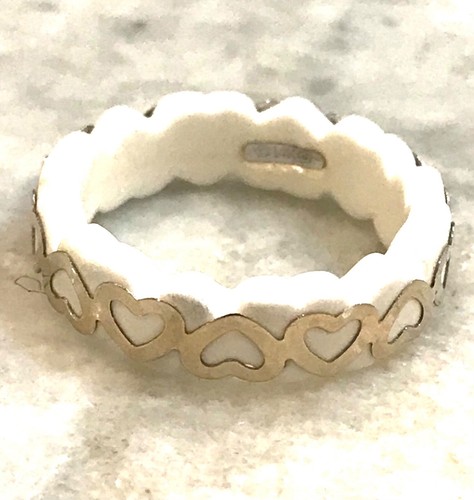 Anello in oro bianco massiccio 14 kt cuore su giada bianca fascia larga 7 mm misura 9,75 - Foto 9 di 10