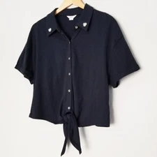 Splendid x Margherita Missoni Tie Front Button Down Polo Shirt Top Black M $108